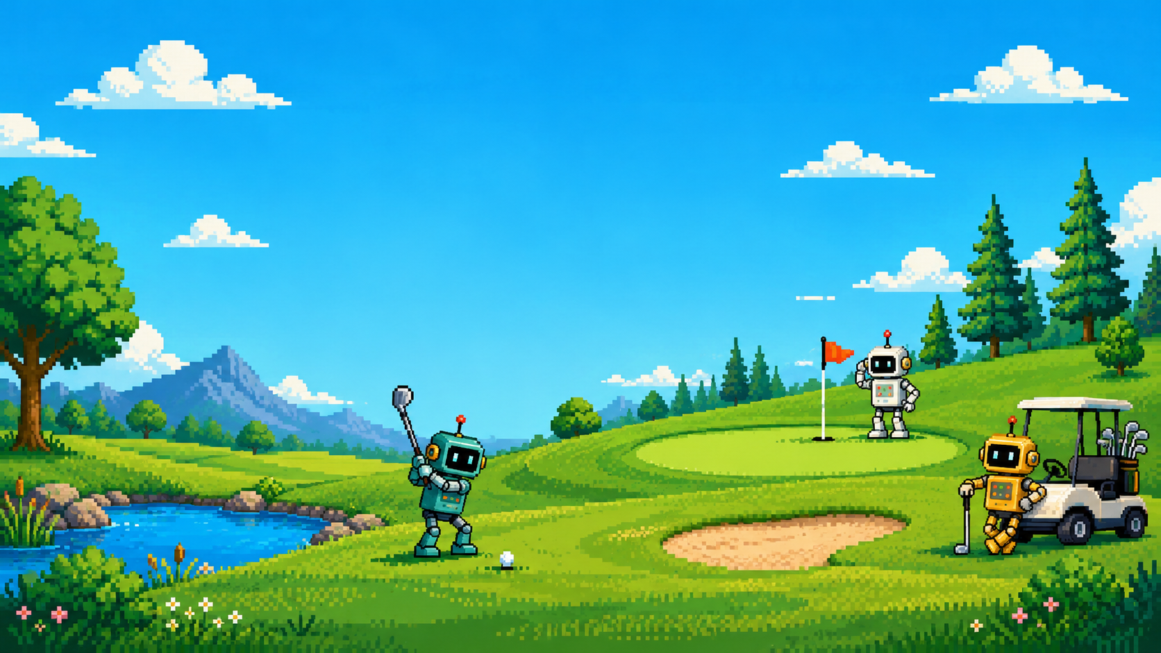 Pixel-art robots playing golf on the Code Golf Benchmark course